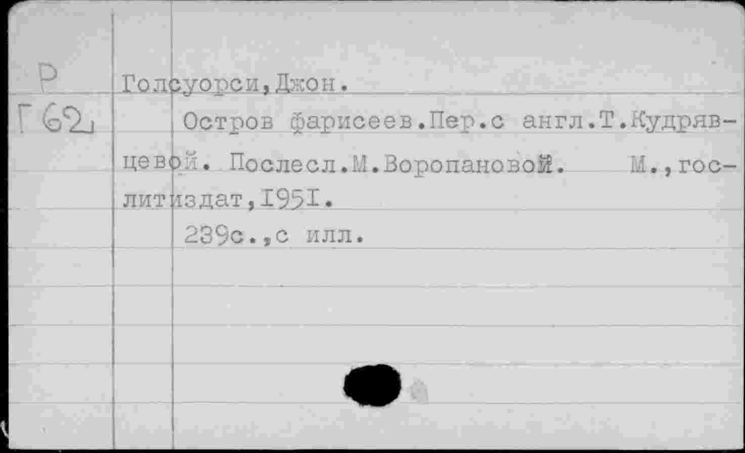 ﻿р	Гол	?уо_р5И*йко.н.
		Остоов Фарисеев.Пер.с англ.Т.Кудряв
	цев<	>й. Послесл.М.Воропановой.	М.,гос
	лит	13 дат, 195Г •
		239с.,с илл.
		
		
		
		
		